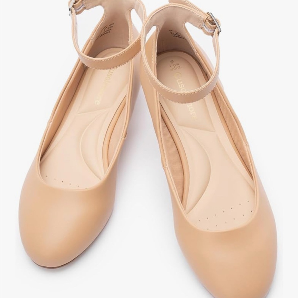 Tan Flats with Rounded Toe and Ankle Straps